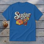 Blue t-shirt featuring the word Sugar above illustrations of cornbread with a red X and iced tea with a green checkmark.
