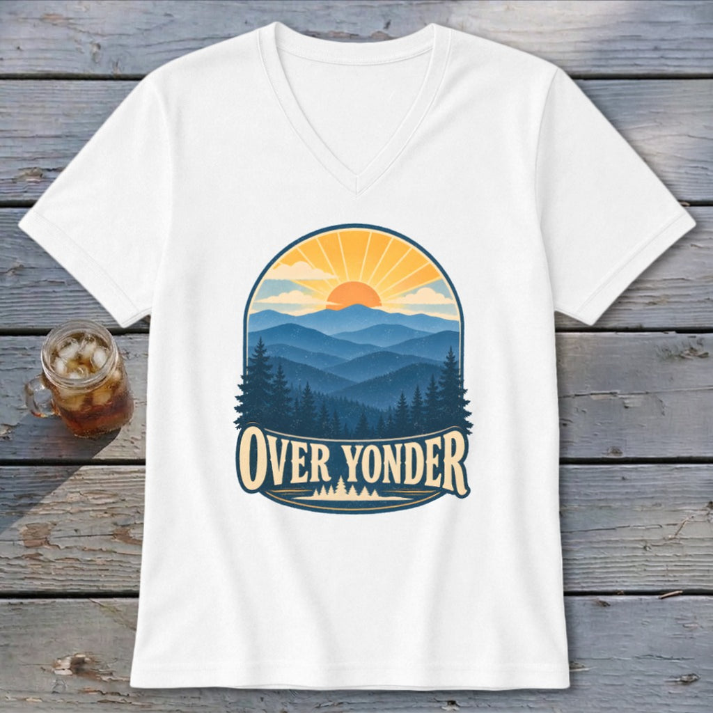 White V-neck t-shirt featuring a retro mountain landscape graphic with the text Over Yonder.
