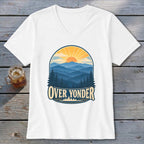 White V-neck t-shirt featuring a retro mountain landscape graphic with the text Over Yonder.
