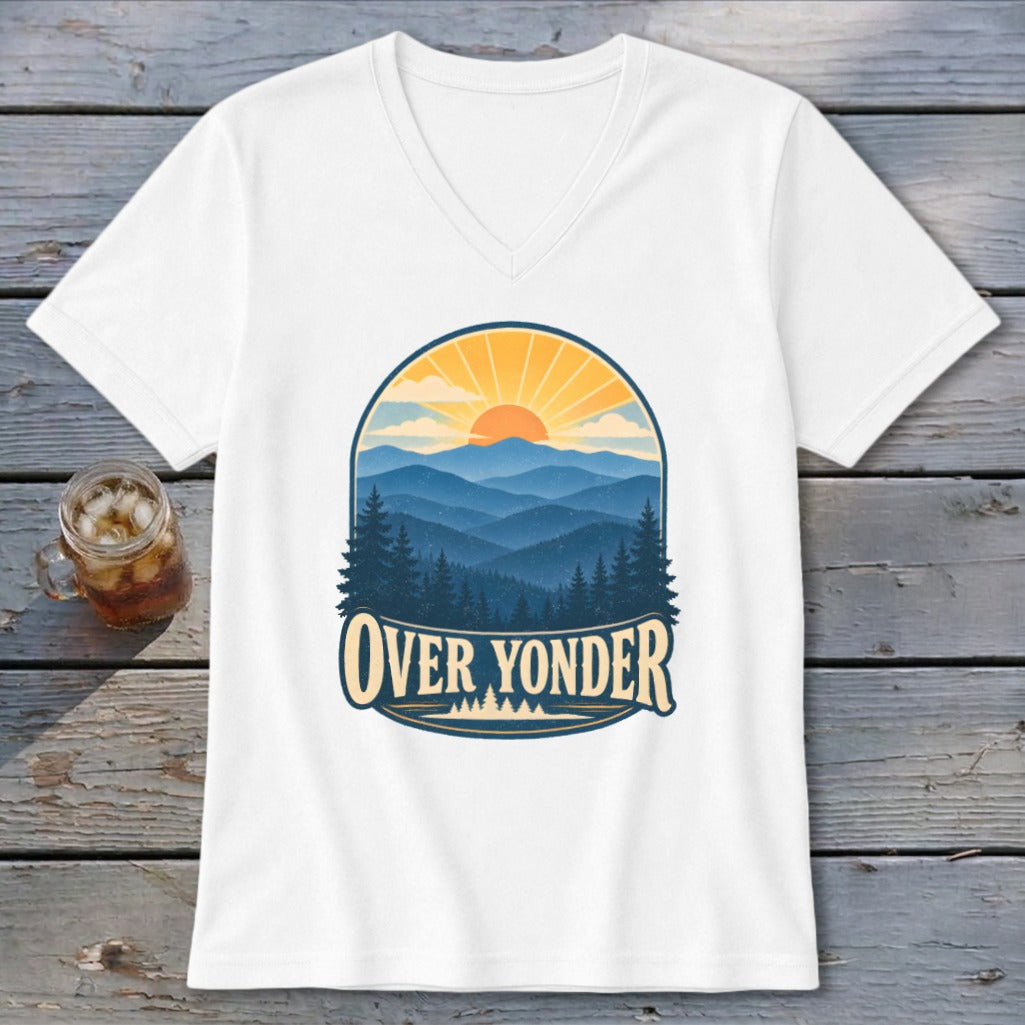 White V-neck t-shirt featuring a retro mountain landscape graphic with the text Over Yonder.