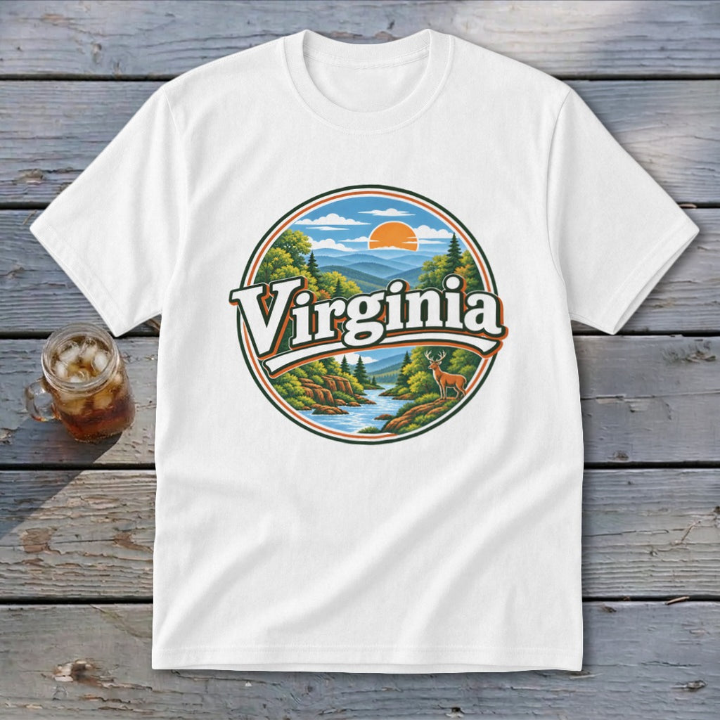 White t-shirt with circular Virginia landscape graphic featuring mountains, river, deer, and sun.