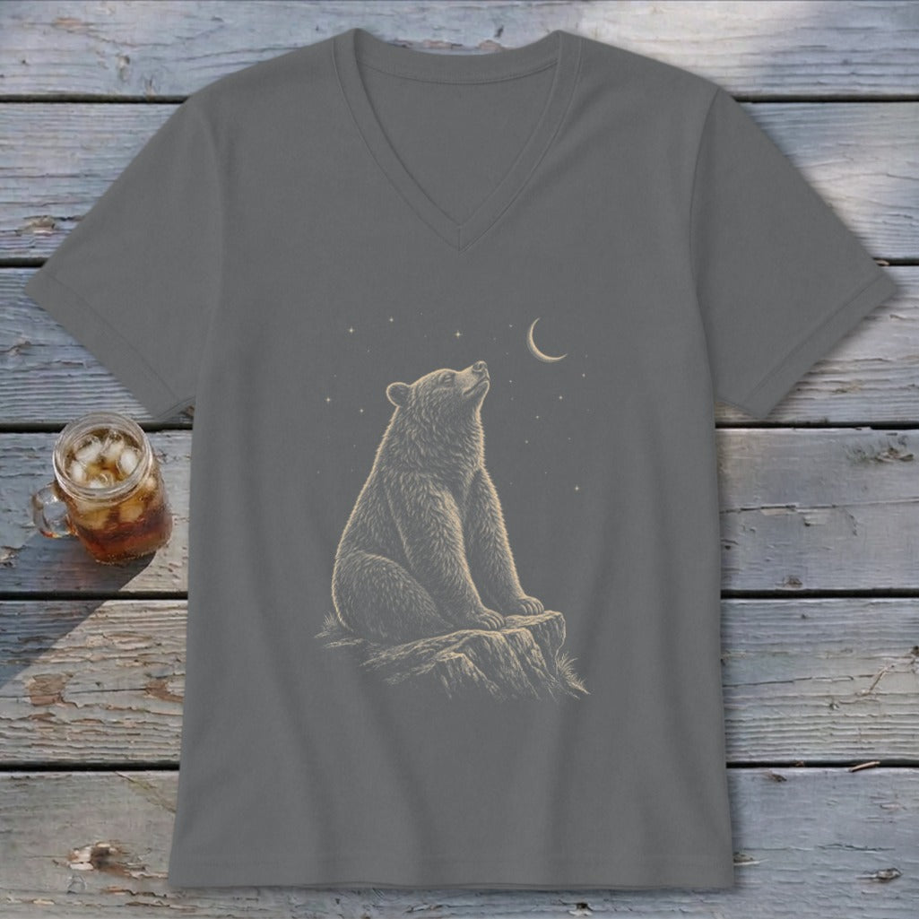 Grey t-shirt with bear graphic looking up at moon and stars