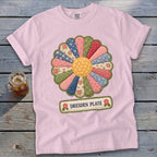 Pink t-shirt with a colorful Dresden Plate quilt block graphic and "DRESDEN PLATE" text.