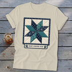 Cream t-shirt with an eight-pointed star quilt block graphic and text.