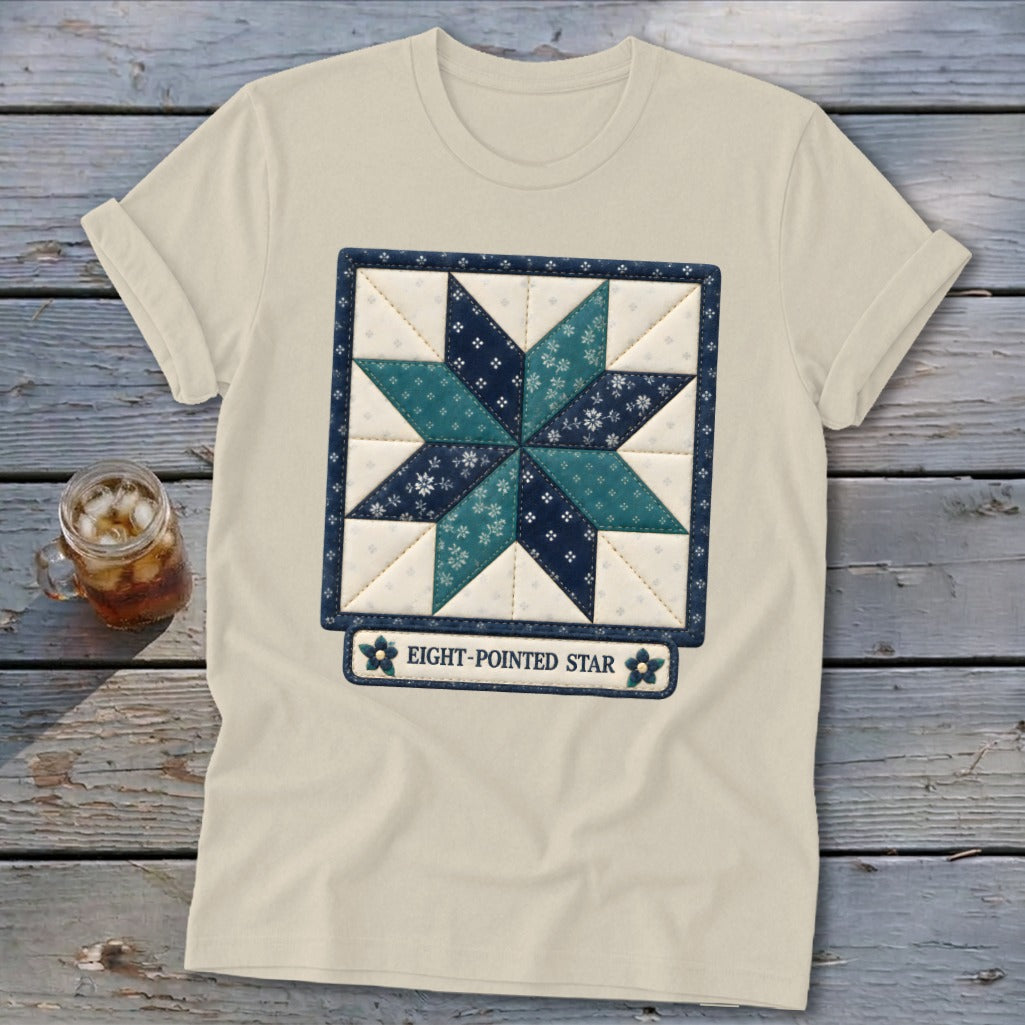 Cream t-shirt with an eight-pointed star quilt block graphic and text.