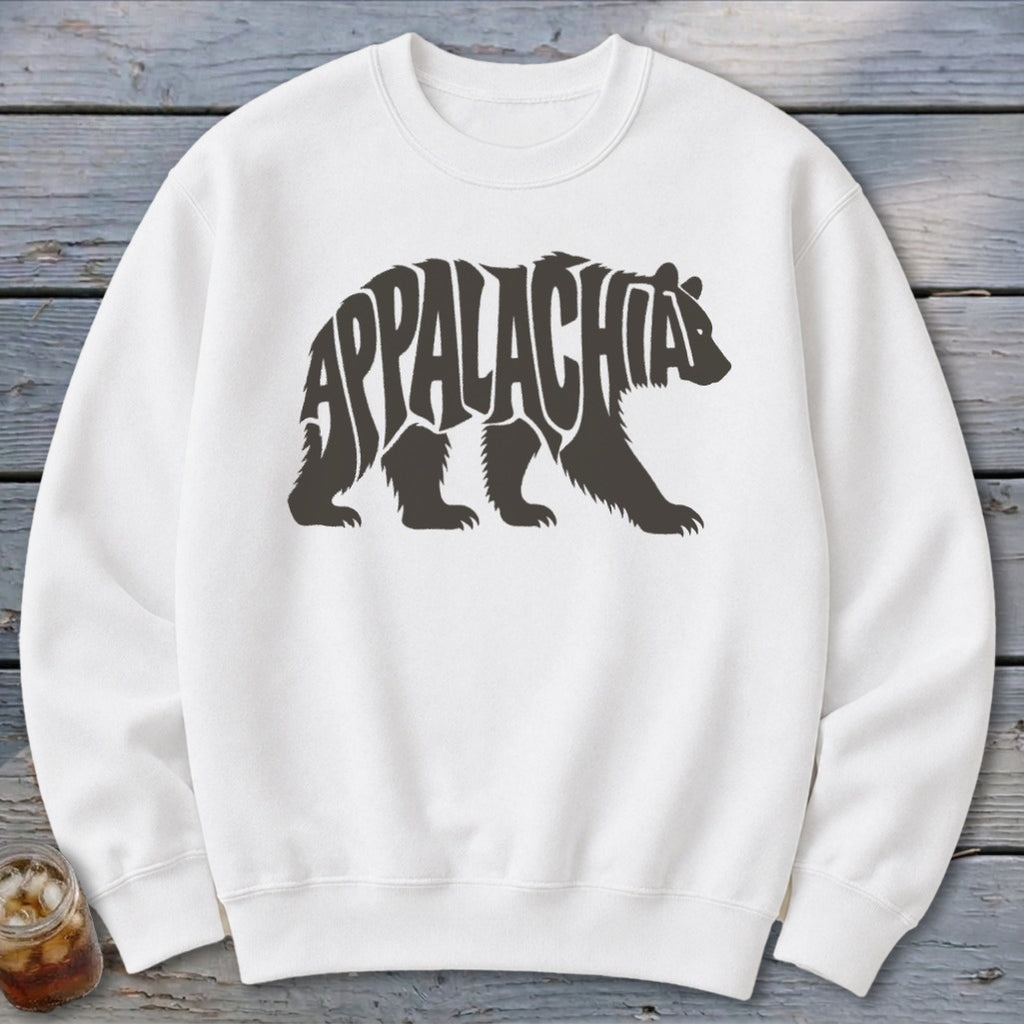 A white crewneck sweatshirt featuring a dark brown bear graphic filled with the word Appalachia.