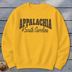 Yellow sweatshirt with "APPALACHIA #South Carolina" graphic