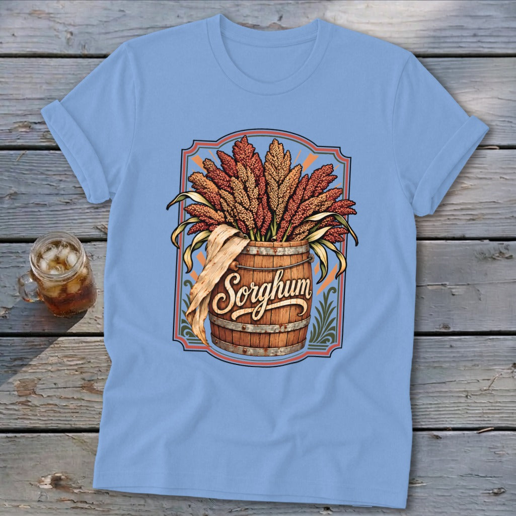 Illustration of sorghum stalks in a wooden barrel with the word "Sorghum".