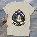 T-shirt with a waterfall, moonbow, moon, and trees graphic reading "Moonbow Night."
