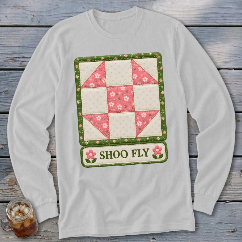 White long-sleeve shirt with a shoofly quilt block graphic and text.