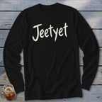 Black long sleeve t-shirt with "Jeetyet" text in off-white brush stroke font.
