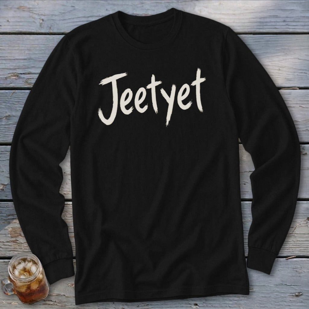 Black long sleeve t-shirt with "Jeetyet" text in off-white brush stroke font.