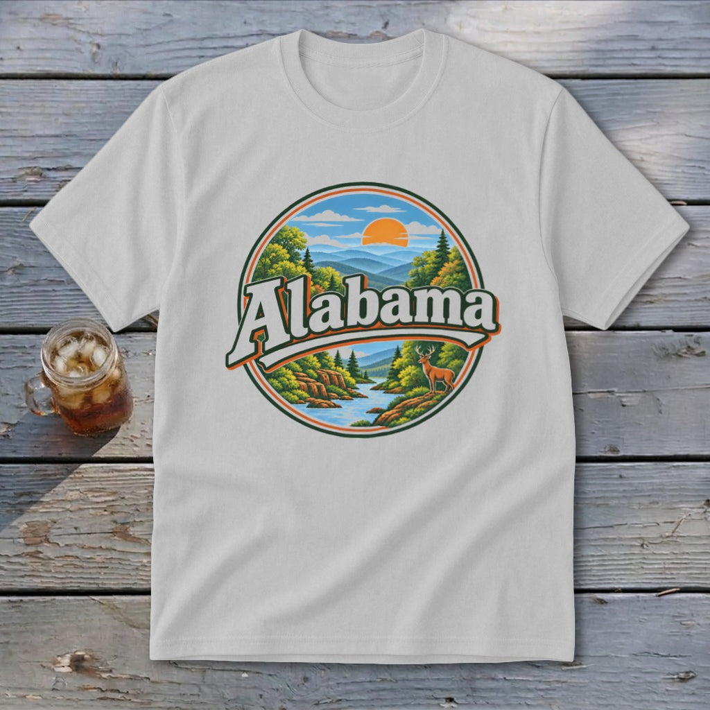 White t-shirt with circular Alabama graphic featuring a deer and scenic landscape.