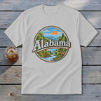 White t-shirt with circular Alabama graphic featuring a deer and scenic landscape.