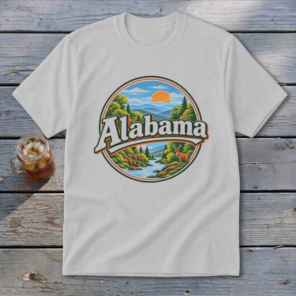 White t-shirt with circular Alabama graphic featuring a deer and scenic landscape.