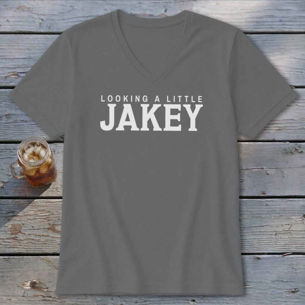 Gray v-neck t-shirt with white text that reads "LOOKING A LITTLE JAKEY."