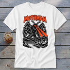 White t-shirt with "Mothman" text and a monster with red laser eyes over a town.