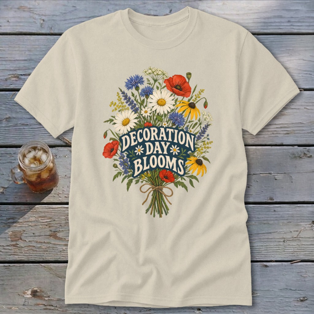 T-shirt with "Decoration Day Blooms" text and floral bouquet design.
