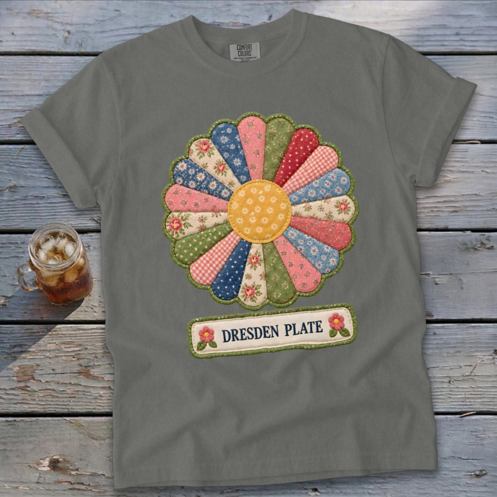 Grey t-shirt with a colorful Dresden Plate quilt design and "DRESDEN PLATE" text.