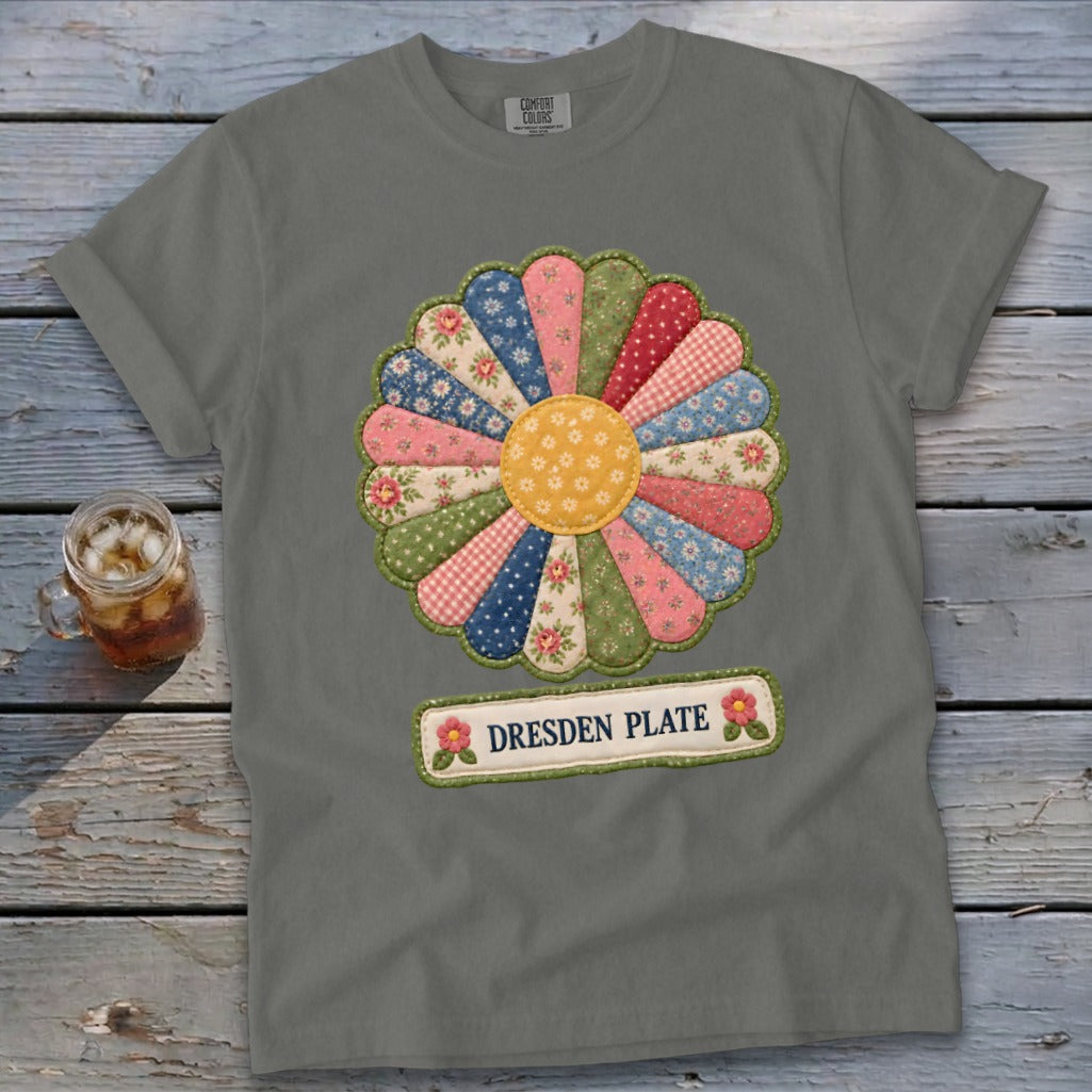 Grey t-shirt with a colorful Dresden Plate quilt design and "DRESDEN PLATE" text.