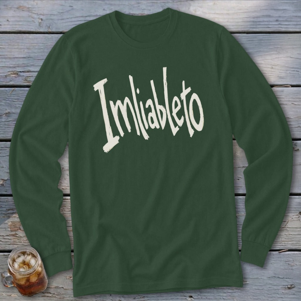 Green long-sleeved shirt with white "Imliableto" text.