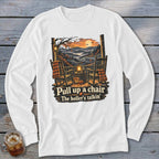 White long sleeve shirt with porch scene, rocking chairs, pumpkins, and text.