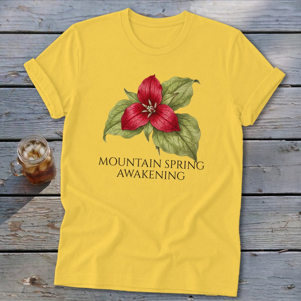 Yellow t-shirt with red trillium flower and "Mountain Spring Awakening" text.