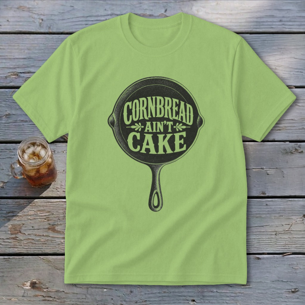 Light green t-shirt with cast iron skillet graphic saying "Cornbread Ain't Cake".