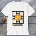 White v-neck shirt with a square Ohio Star quilt block design and "OHIO STAR" text.
