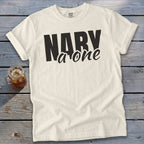 Cream t-shirt with "NARY a one" text in black, near a glass of iced tea.
