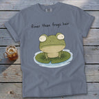 T-shirt featuring a cartoon frog on a lily pad with text "finer than frogs hair".