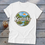 White t-shirt with circular graphic of Kentucky landscape, river, deer, and sun.