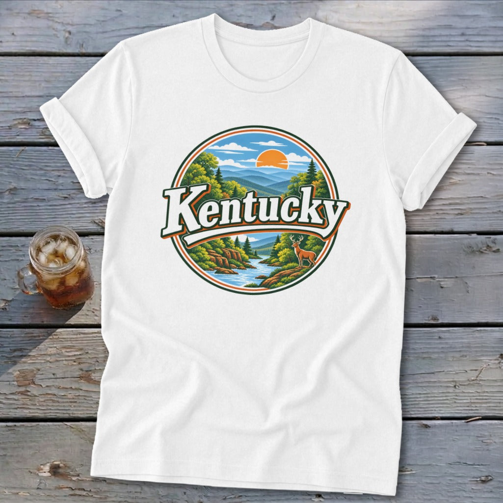 White t-shirt with circular graphic of Kentucky landscape, river, deer, and sun.