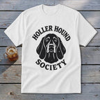 White t-shirt with black "Holler Hound Society" text and dog graphic.