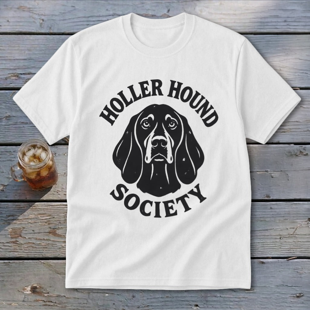 White t-shirt with black "Holler Hound Society" text and dog graphic.