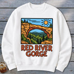 White sweatshirt with Red River Gorge natural arch graphic and text.