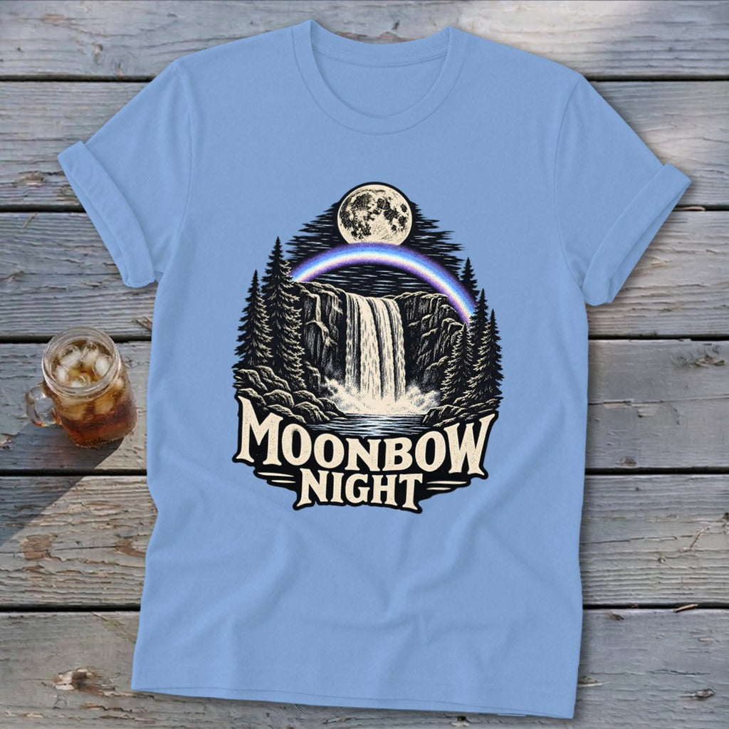 Light blue t-shirt with a waterfall, moon, and moonbow design and "MOONBOW NIGHT" text.