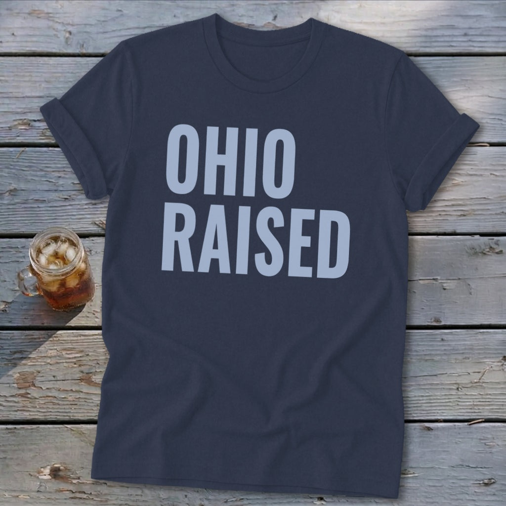 Navy t-shirt with "OHIO RAISED" in light blue text.