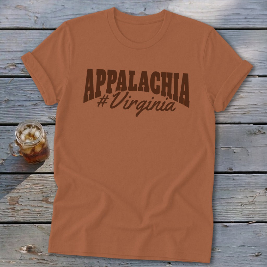 Orange t-shirt with "APPALACHIA #Virginia" text, shown with a glass of iced drink.