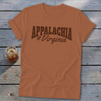 Orange t-shirt with "APPALACHIA #Virginia" text, shown with a glass of iced drink.