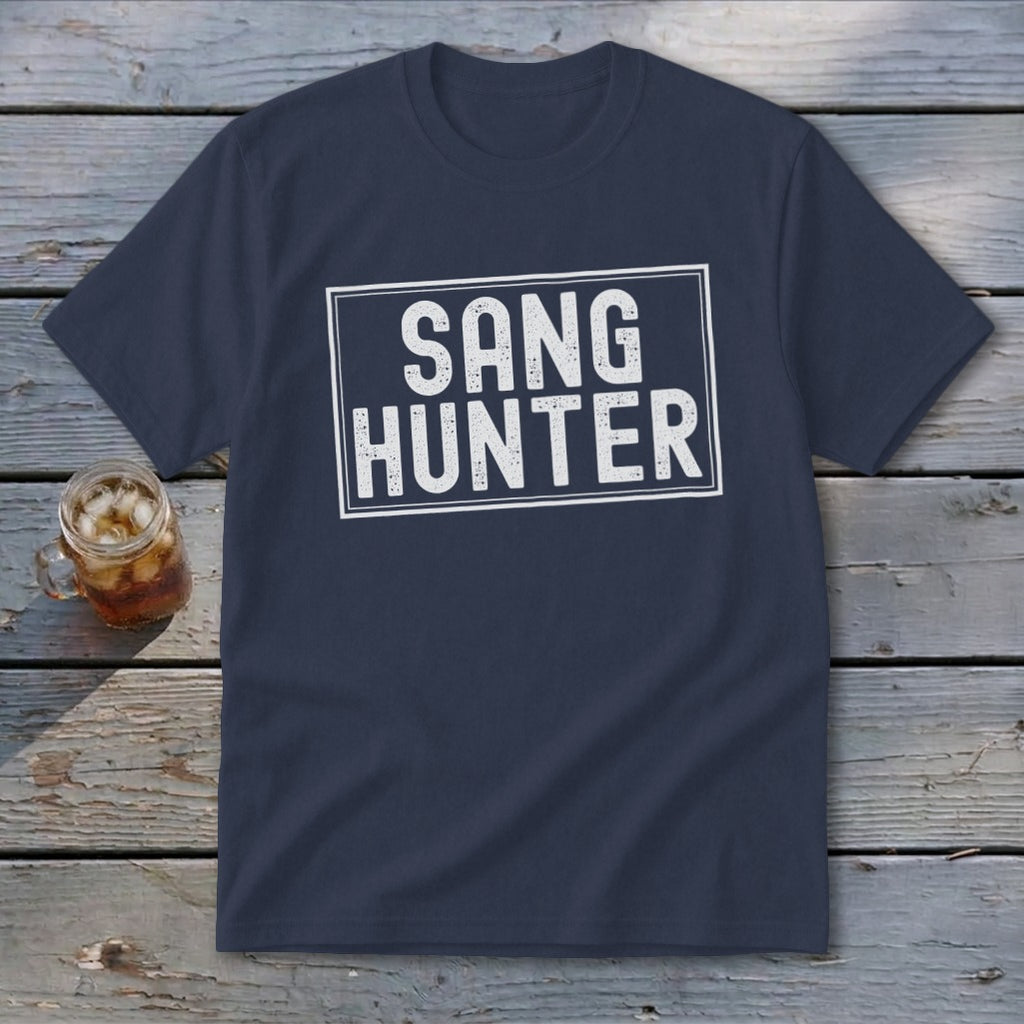 Navy t-shirt with white text reading "SANG HUNTER" inside a rectangle.