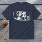 Navy t-shirt with white text reading "SANG HUNTER" inside a rectangle.