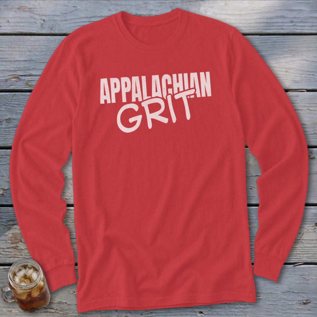 Red long-sleeve shirt with white "APPALACHIAN GRIT" text.