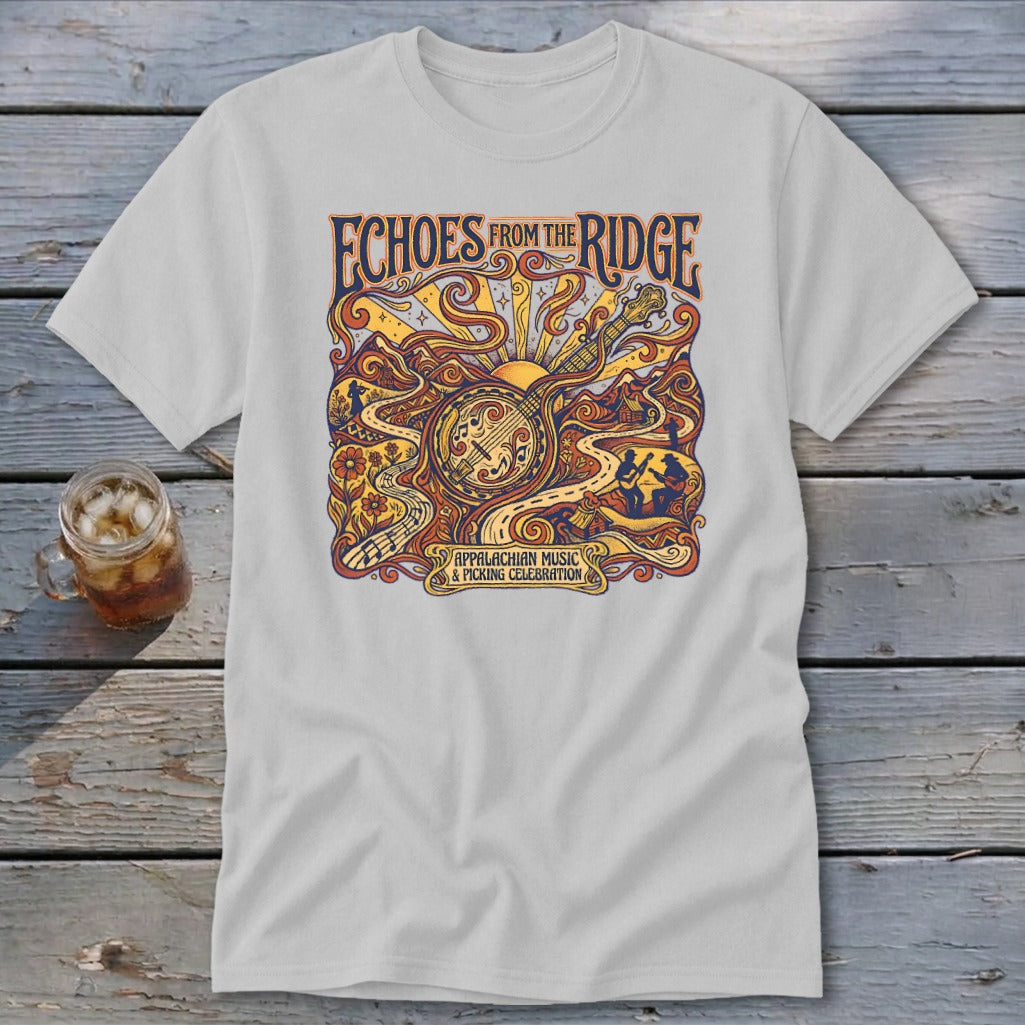 Light grey t-shirt featuring "Echoes From the Ridge" and Appalachian Music & Picking Celebration artwork.
