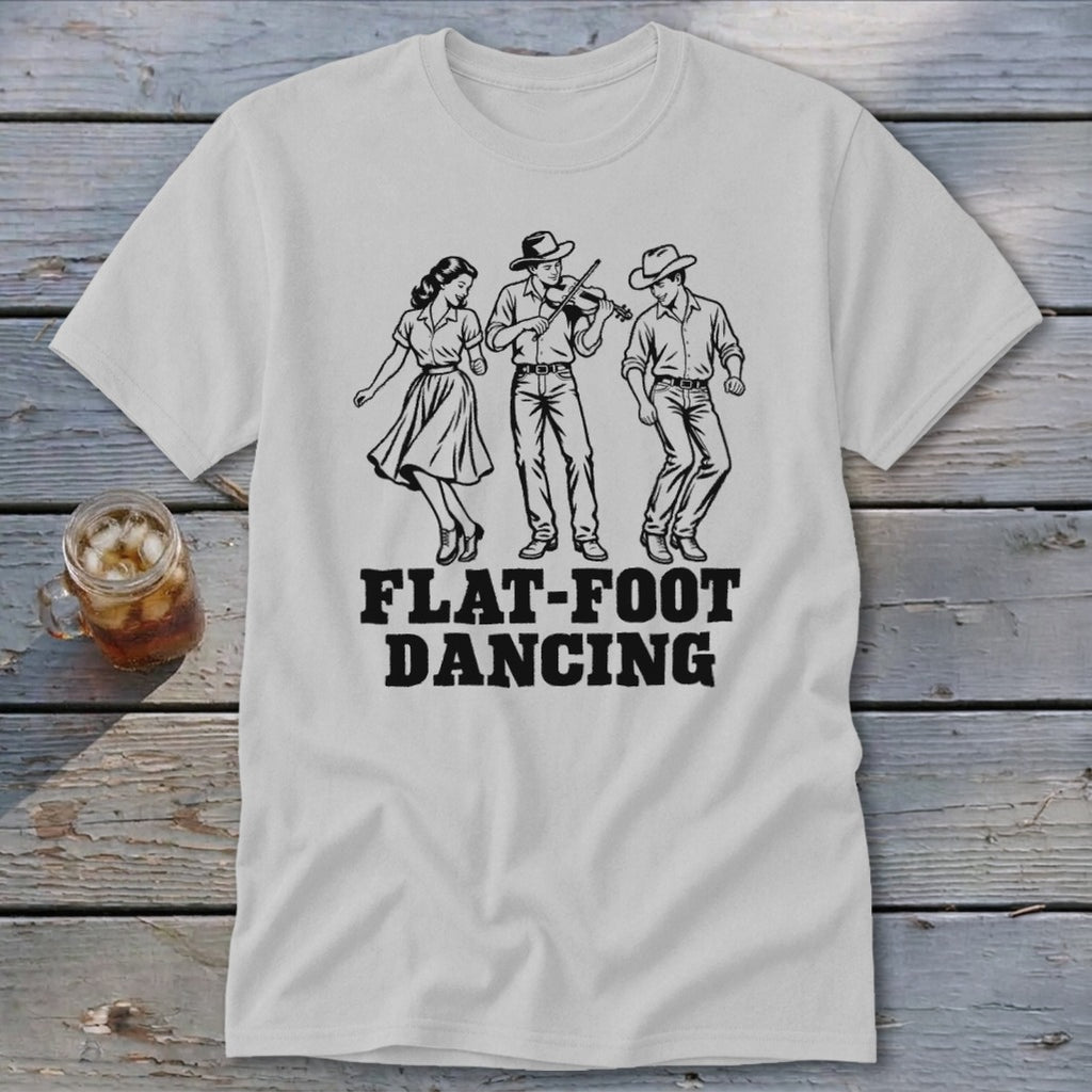 White t-shirt with black graphic of three people dancing and text "FLAT-FOOT DANCING".