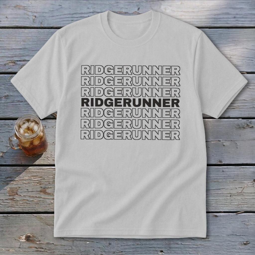 White t-shirt with repeating "RIDGERUNNER" text, one line bolded.