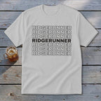White t-shirt with repeating "RIDGERUNNER" text, one line bolded.