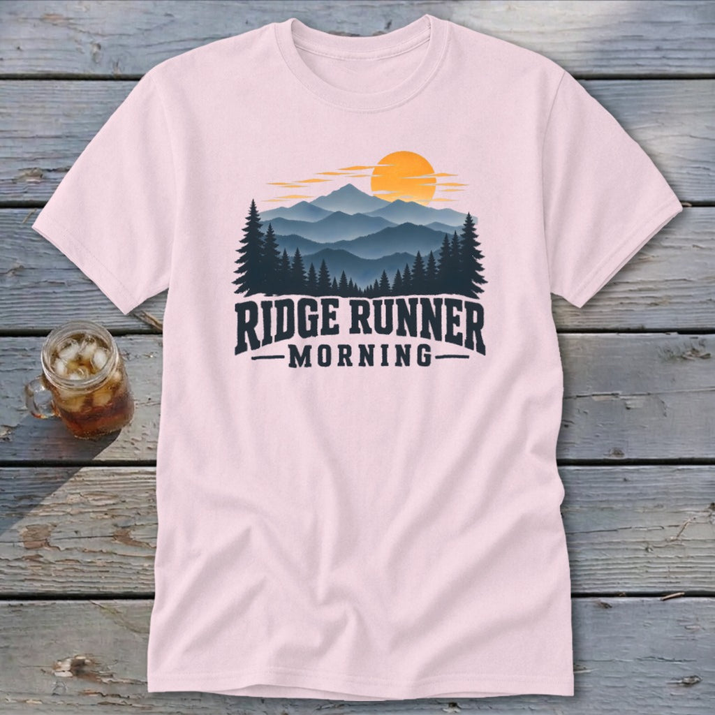 Light pink t-shirt with "Ridge Runner Morning" text and mountain landscape graphic.