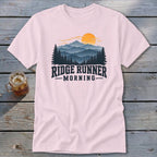 Light pink t-shirt with "Ridge Runner Morning" text and mountain landscape graphic.