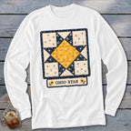 White long-sleeve shirt with a quilt block graphic featuring an Ohio Star and the text "OHIO STAR."